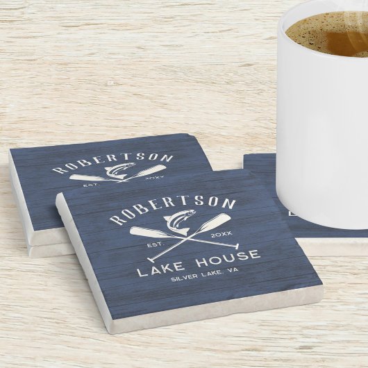 ファミリーレイクハウス素朴ネイビーブルーウッド ストーンコースター