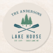 ファミリーレイクハモダンウス素朴ボートオアールパインツリー ラウンドペーパーコースター (正面)