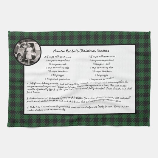 ファミリーレシピグリーンギンガムホリデーヴィンテージ写真 キッチンタオル (横)