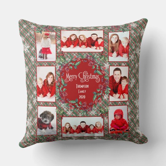 ファミリー写真テンプレートクリスマスレッド+グリーンプレイド クッション (裏面)