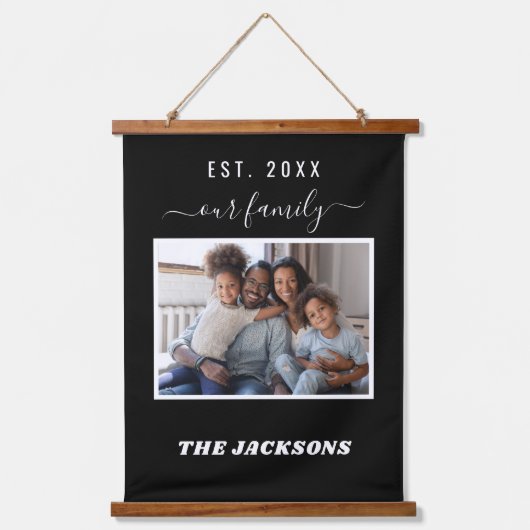 ファミリー写真名スクリプト白黒 吊り下げ型タペストリー (正面)