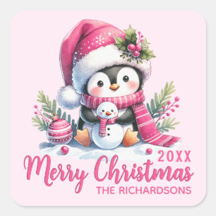 ファミリー名かわいいペンギンピンクのメリークリスマス スクエアシール