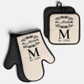 ファミリー名アンティーク黒塗りスクロールオンアイボリー 鍋つかみ&鍋敷きセット