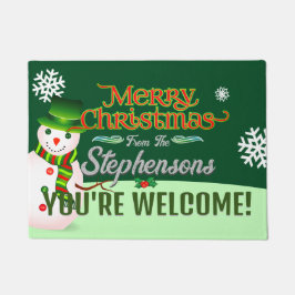 ファミリー名オン雪だるまGREEN Welcome ドアマット