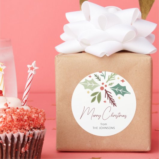 ファミリー名メリークリスマスベリーの葉のスクリプト ラウンドシール (パーティー)