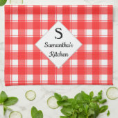 ファミリー名モノグラムカスタムレトロ赤いホワイトプレイド キッチンタオル (折り畳み)