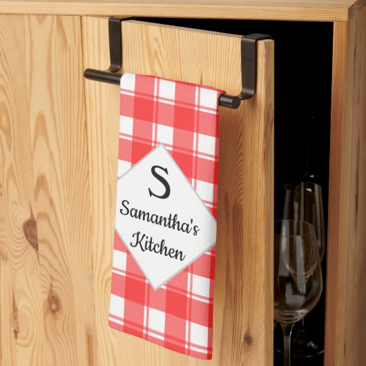 ファミリー名モノグラムカスタムレトロ赤いホワイトプレイド キッチンタオル (三つ折り)