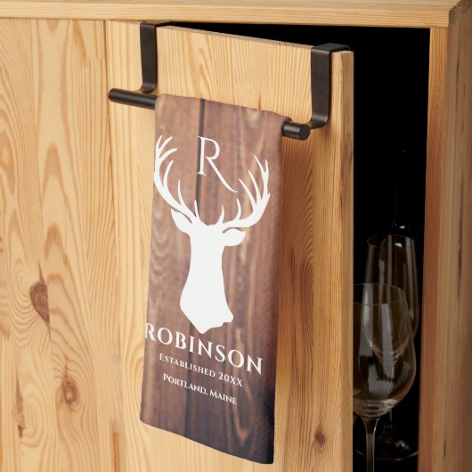 ファミリー名モノグラムレイク素朴ジアアントラーウッド キッチンタオル (三つ折り)