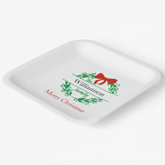 ファミリー名モノグラムレッドグリーンクリスマス ペーパープレート (傾斜あり)