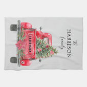 ファミリー名レッドトラッククリスマスツリーホリデーキッチ キッチンタオル (横)