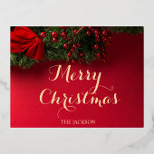 ファミリー名レッド&金ゴールドタイポグラフィクリスマス 箔シーズンポストカード (正面)