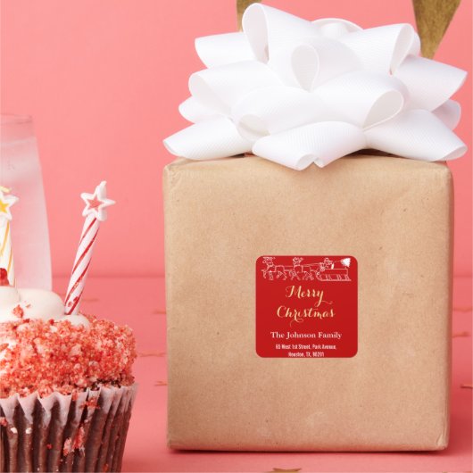 ファミリー名住所メリークリスマスレッド金ゴールドサンタ スクエアシール (パーティー)