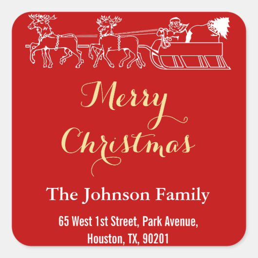 ファミリー名住所メリークリスマスレッド金ゴールドサンタ スクエアシール (正面)