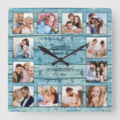 ファミリー引用文フォトコラージュ素朴ブルーウッド スクエア壁時計 (正面)