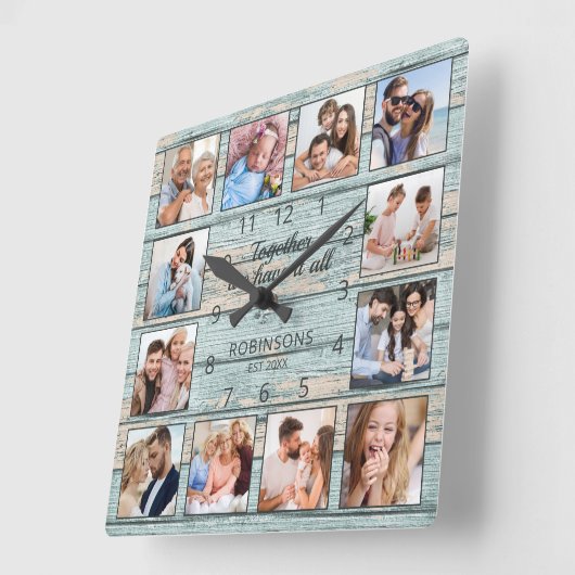 ファミリー引用文フォトコラージュ素朴ブルーウッド スクエア壁時計 (傾斜)