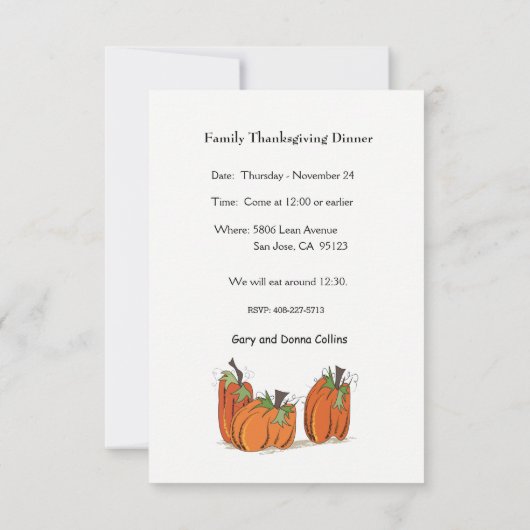 ファミリー感謝祭ディナー招待状 招待状 (裏面)