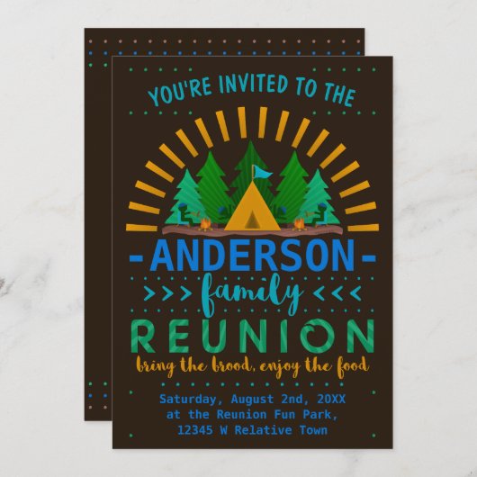 ファミリー懇親会おもしろいキャンピングサマーパーティー 招待状 (正面/裏面)