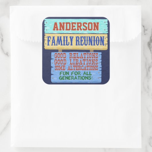 ファミリー懇親会おもしろい木製サイン |名前をカスタムする スクエアシール (バッグ)