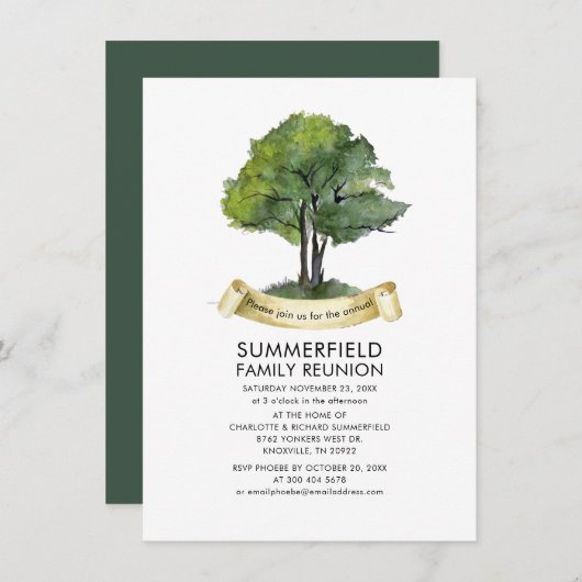 ファミリー懇親会ウォーターカラーツリーモダン招待状 (正面/裏面)