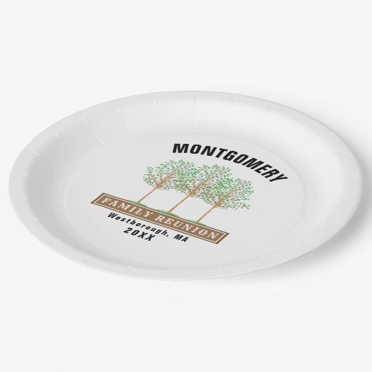 ファミリー懇親会ウォーターカラーツリーモノグラムホワイト ペーパープレート (アングル)