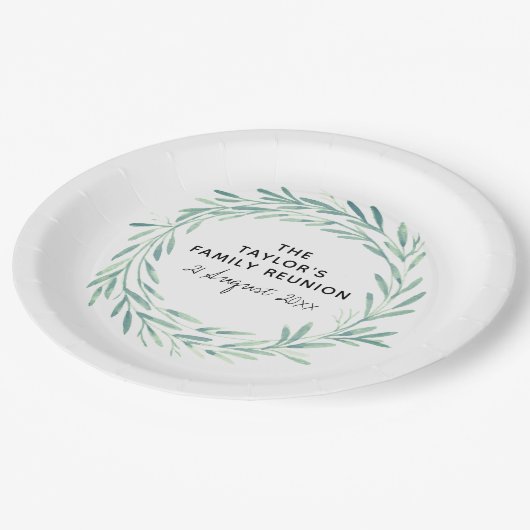 ファミリー懇親会ウォーターカラーリースグリーナリー ペーパープレート (アングル)