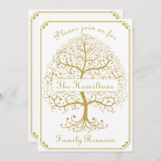 ファミリー懇親会エレガントツリーラグジュアモダンリー金ゴールド 招待状 (正面/裏面)