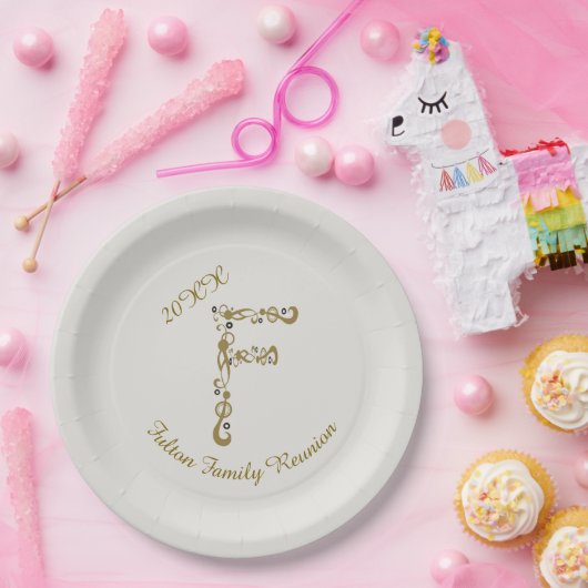 ファミリー懇親会エレガント金ゴールドレターFモノグラム ペーパープレート (パーティー)