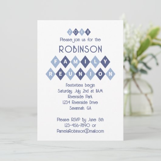 ファミリー懇親会カスタムパーティーお祝いおもしろいブルー 招待状 (スタンド正面)