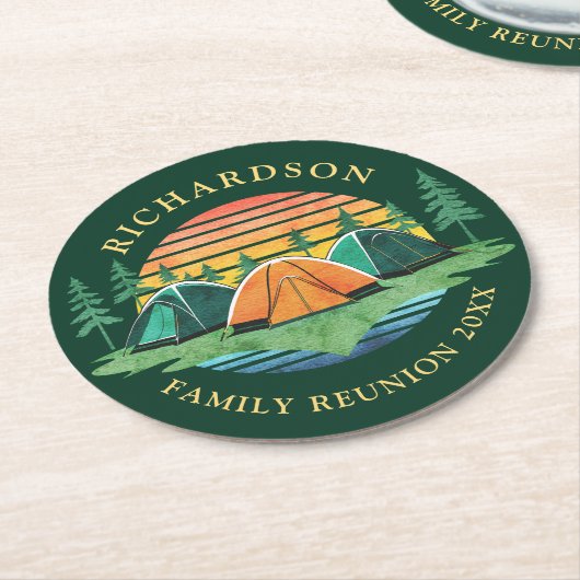 ファミリー懇親会キャンピングトリップサンセットグリーン ラウンドペーパーコースター (アングル)