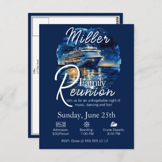 ファミリー懇親会クルーズシップブルー&ホワイト招待状 ポストカード (正面/裏面)