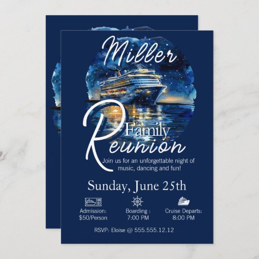 ファミリー懇親会クルーズシップブルー&ホワイト招待状 招待状 (正面/裏面)