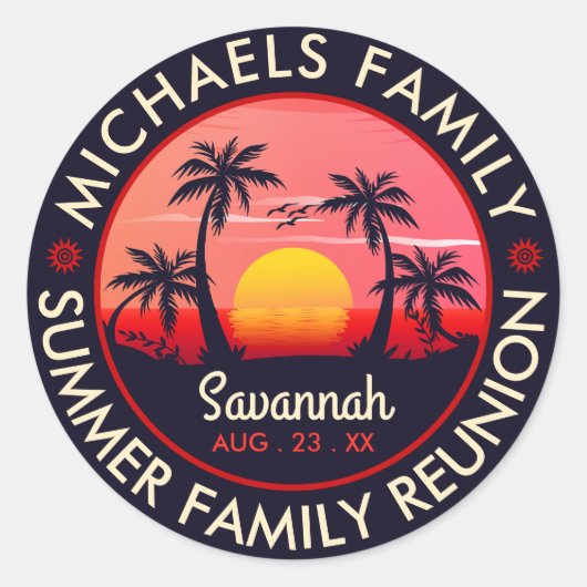 ファミリー懇親会サマーサンセットビーチパームツリー ラウンドシール (正面)