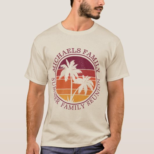 ファミリー懇親会サマーサンセットビーチパームツリー Tシャツ (正面)