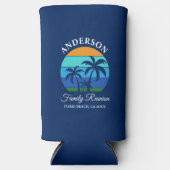 ファミリー懇親会サマービーチパームツリーズブルー スリム缶クーラー (正面)