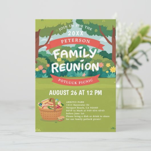 ファミリー懇親会サマーピクニックおもしろいイラストレーション 招待状 (スタンド正面)