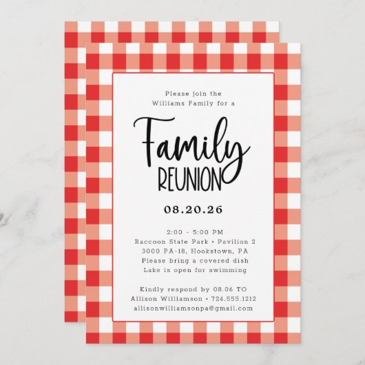 ファミリー懇親会ジンガ赤と白ムバッファローチェック 招待状 (正面/裏面)