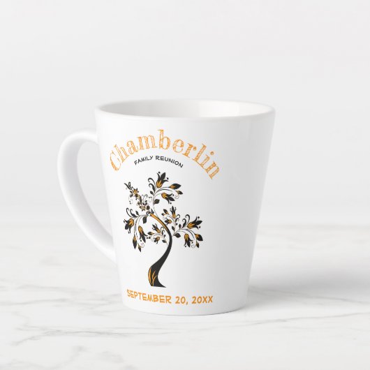 ファミリー懇親会トレンディーオレンジフローラツリーアートワーク カフェラテマグ (左アングル)