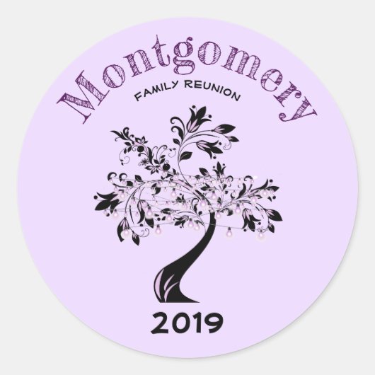 ファミリー懇親会トレンディーパープルブラックツリーカスタム ラウンドシール (正面)