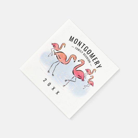 ファミリー懇親会トロピカルピンクフラミンゴ名前をカスタムする スタンダードカクテルナプキン (角)