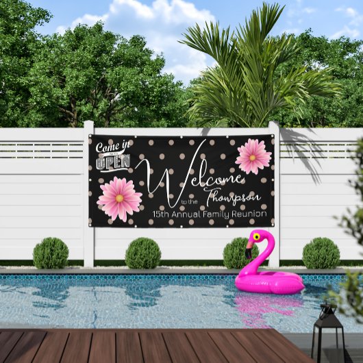 ファミリー懇親会バナー(ピンクポルカ点々のあるデイジー) 横断幕