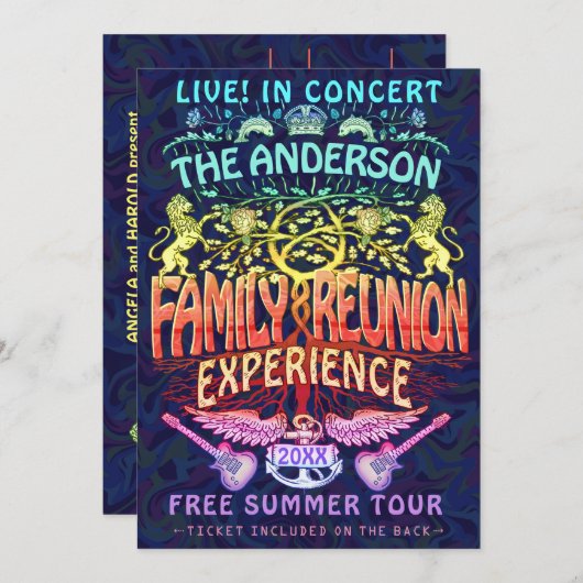 ファミリー懇親会バンドレトロ70sコンサートチケットネオン 招待状 (正面/裏面)
