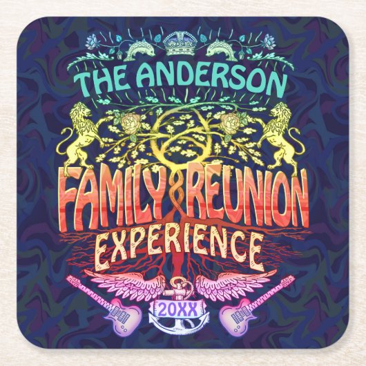 ファミリー懇親会バンドレトロ70sコンサートロゴネオン スクエアペーパーコースター (正面)