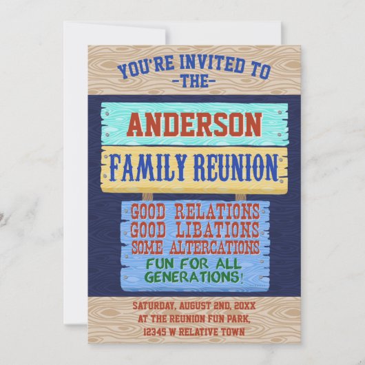 ファミリー懇親会パーティーおもしろい木製看板|名前の追加 招待状 (正面)