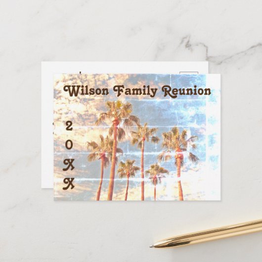 ファミリー懇親会パームツリーズフェードフォトスタイル招待状 ポストカード (正面/裏面インサイチュ)