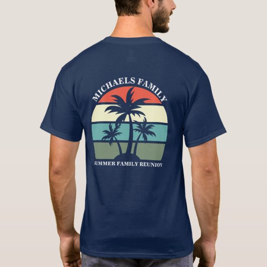 ファミリー懇親会ビーチパームツリーサンセットポケット名 Tシャツ (裏面)