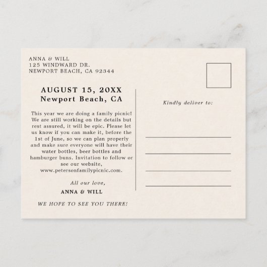 ファミリー懇親会ピクニックシックヴィンテージ保存日付 ポストカード (裏面)