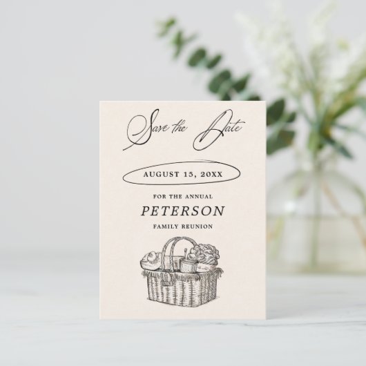 ファミリー懇親会ピクニックシックヴィンテージ保存日付 ポストカード (スタンド正面)