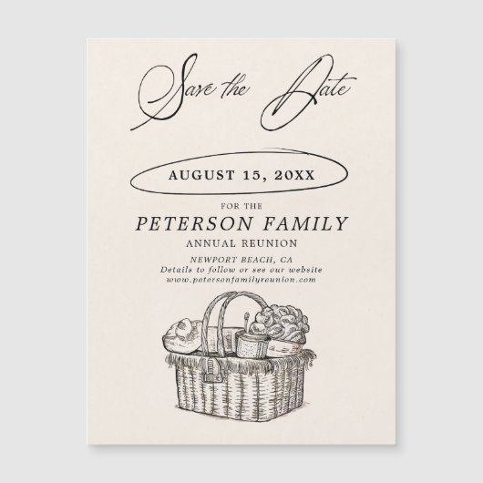 ファミリー懇親会ピクニックシックヴィンテージ保存日付 マグネット招待状 (正面)