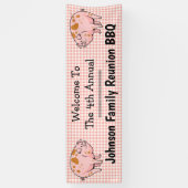 ファミリー懇親会ピグBBQパーティーウェルカムレッドチェック 横断幕 (縦)