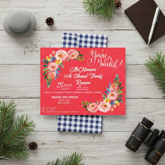 ファミリー懇親会ピンクポルカ点々のある招待状フライヤー チラシ